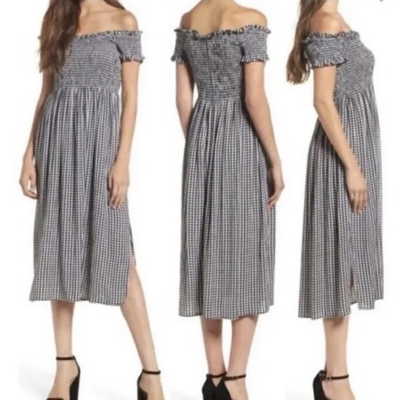 BARDOT Gingham Smocked Top Side Slits MIDI Dress | Black + White | Size 6 Small - Picture 1 of 8